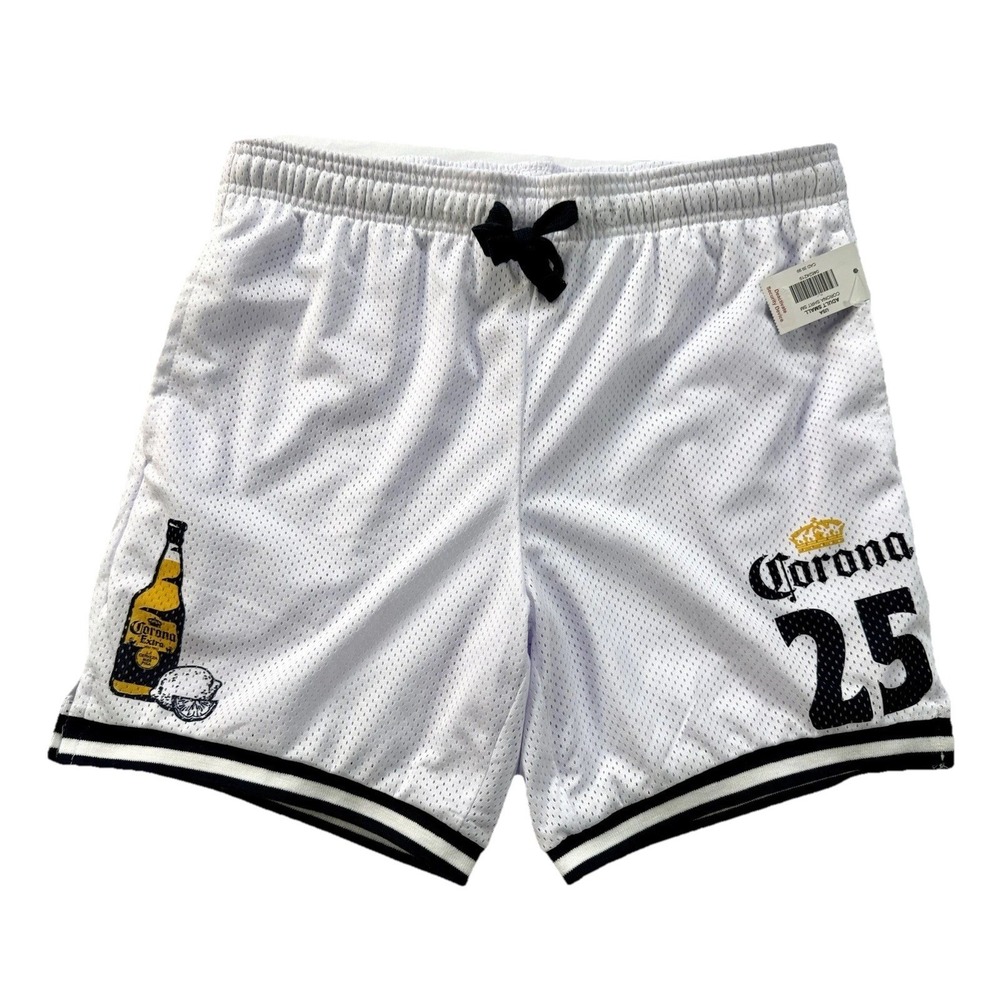 Corona Mens Mesh Gym Shorts White Corona Bottle Logo And #25 Size Small NWT